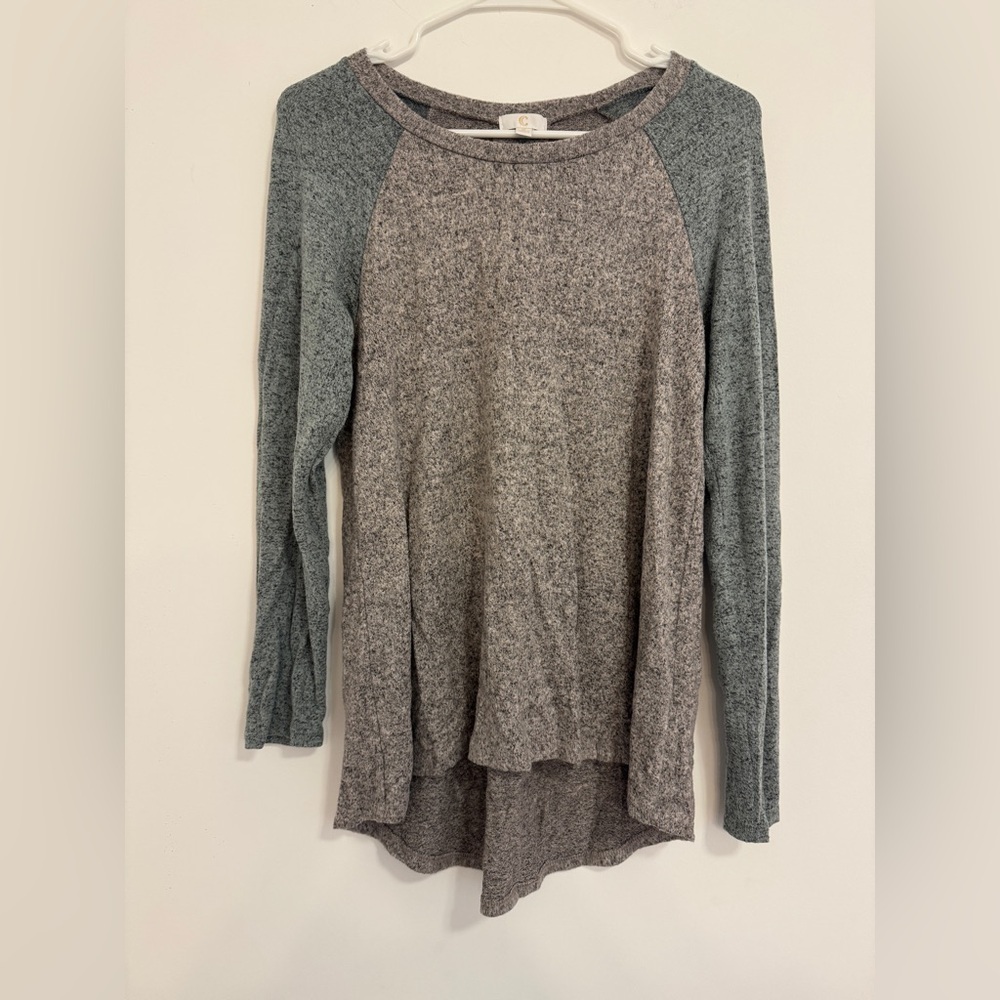 Charming Charlie Asymmetrical Gray and Green Long Sleeve Sweatshirt